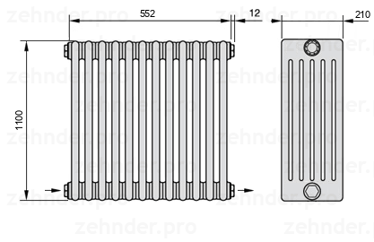 Схема (чертеж) Радиатор Zehnder Charleston 6110/12 №2670 Белый глянцевый RAL 9016